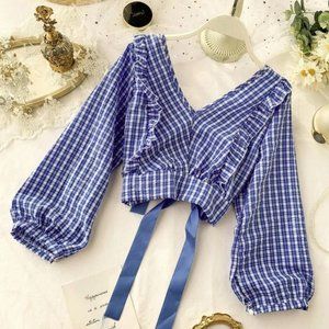 Cropped Ruffled Plaid Blouse